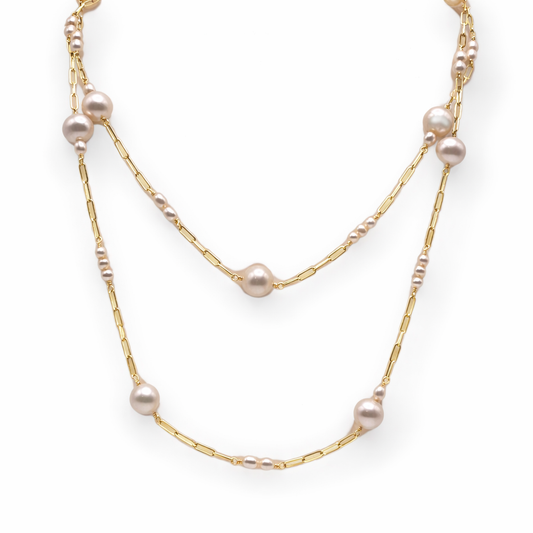 14K YELLOW GOLD PEARL PAPERCLIP NECKLACE
