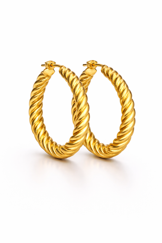 14K YELLOW GOLD HOLLOW OPEN OVAL TWISTED HOOPS