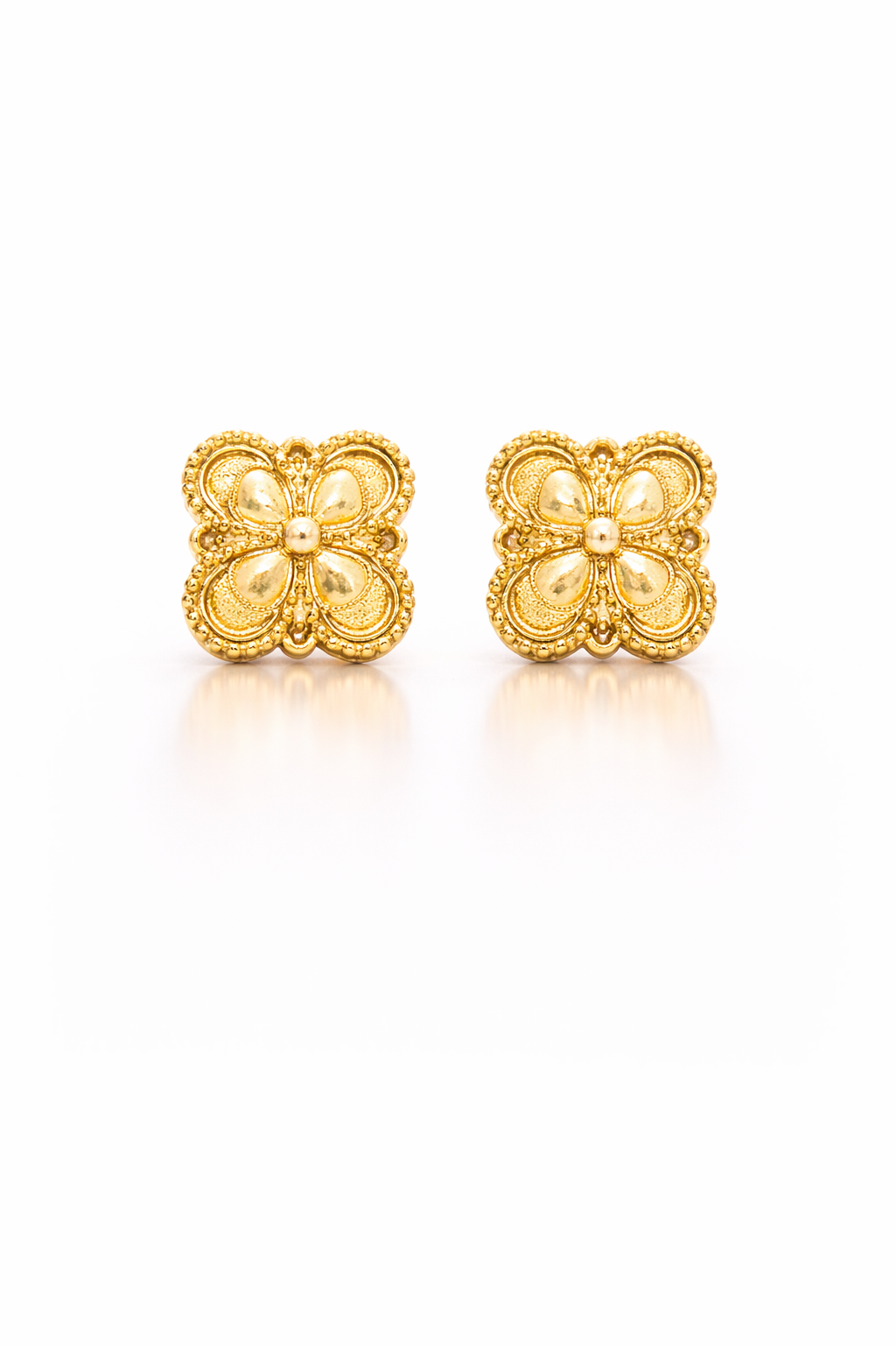 14K YELLOW GOLD BEADED MIRROR FLOWER STUD EARRINGS
