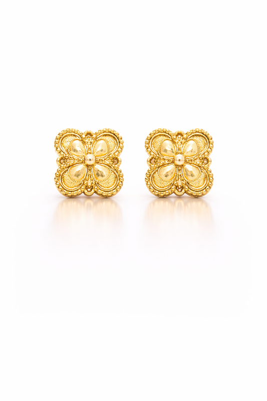 14K YELLOW GOLD BEADED MIRROR FLOWER STUD EARRINGS