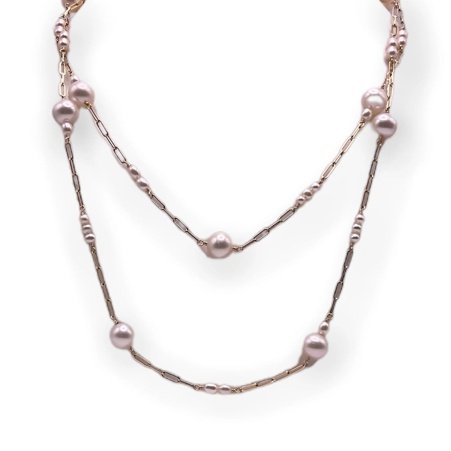 14K YELLOW GOLD PEARL PAPERCLIP NECKLACE