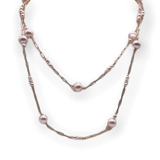 14K YELLOW GOLD PEARL PAPERCLIP NECKLACE