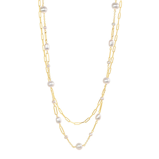 14K YELLOW GOLD 2 ROW PEARL AND PAPERCLIP NECKLACE