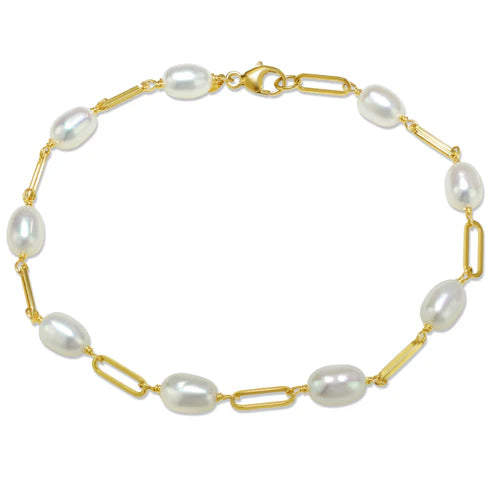 14K YELLOW GOLD FRESHWATER PEARL 5-5.5MM PAPERCLIP BRACELET