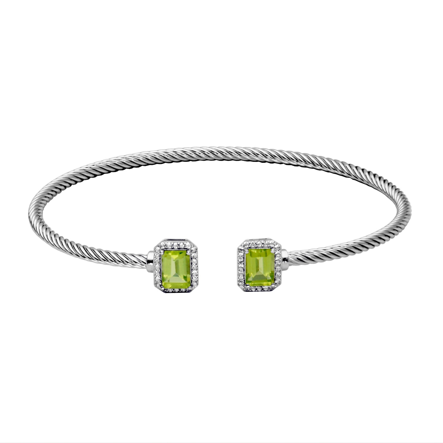 STERLING SILVER PERIDOT AND WHITE TOPAZ TWISTED CABLE BANGLE