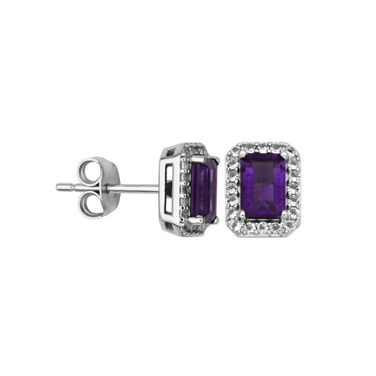 STERLING SILVER AMETHYST AND WHITE TOPAZ STUD EARRINGS