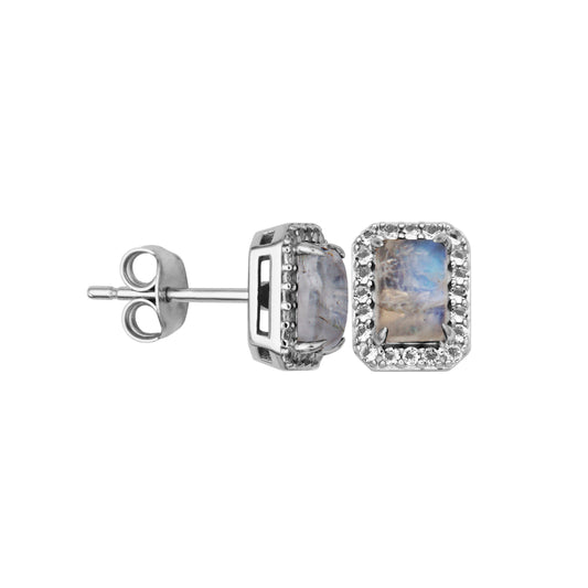 STERLING SILVER RAINBOW MOONSTONE AND WHITE TOPAZ STUD EARRINGS