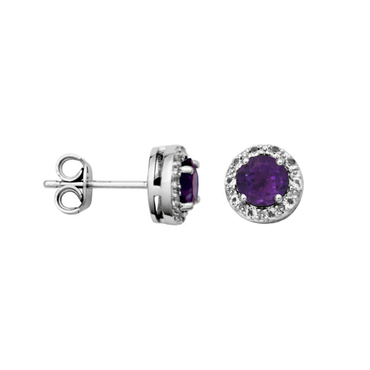 STERLING SILVER AMETHYST AND WHITE TOPAZ HALO STUD EARRINGS
