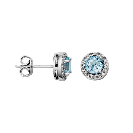 STERLING SILVER BLUE TOPAZ AND WHITE TOPAZ HALO STUD EARRINGS
