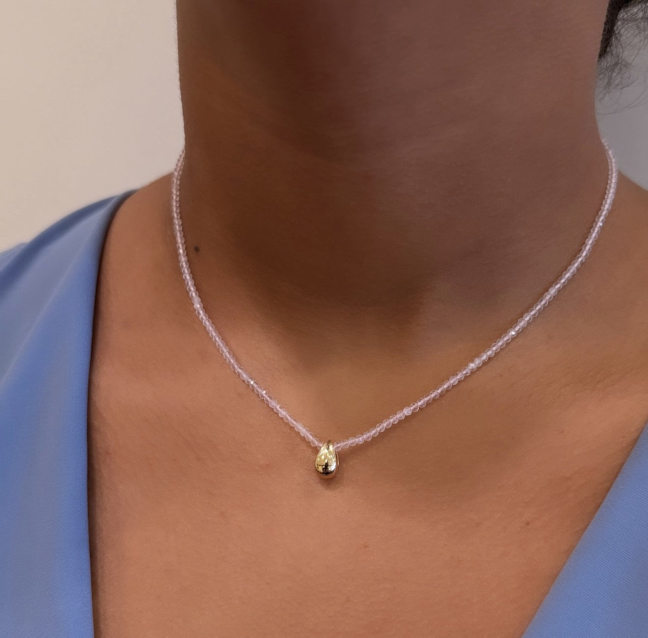 14K YELLOW GOLD ROSE QUARTZ BEADED CHOKER NECKLACE