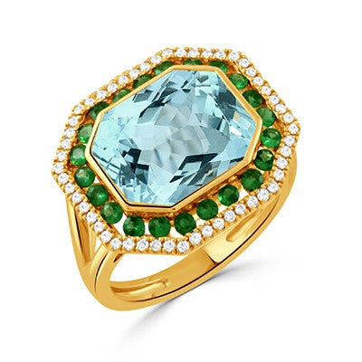 18K YELLOW GOLD DIAMOND RING WITH TSAVORITE AND SKY BLUE TOPAZ