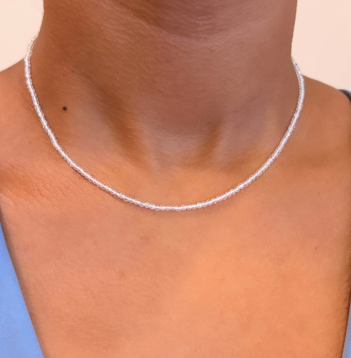 14K YELLOW GOLD WHITE TOPAZ BEADED CHOKER NECKLACE