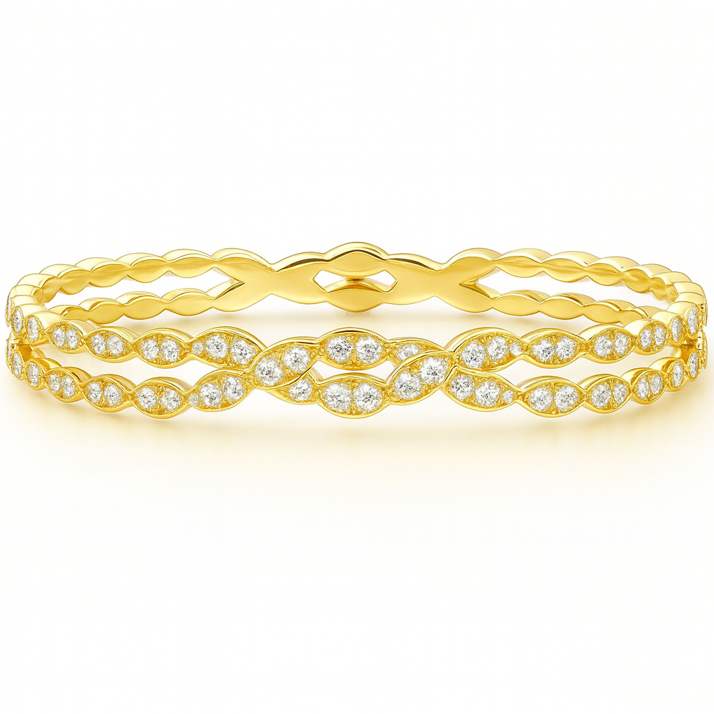 HEARTS ON FIRE 18K YELLOW GOLD LORELEI FLORAL DIAMOND DOUBLE TWIST MEDIUM BANGLE