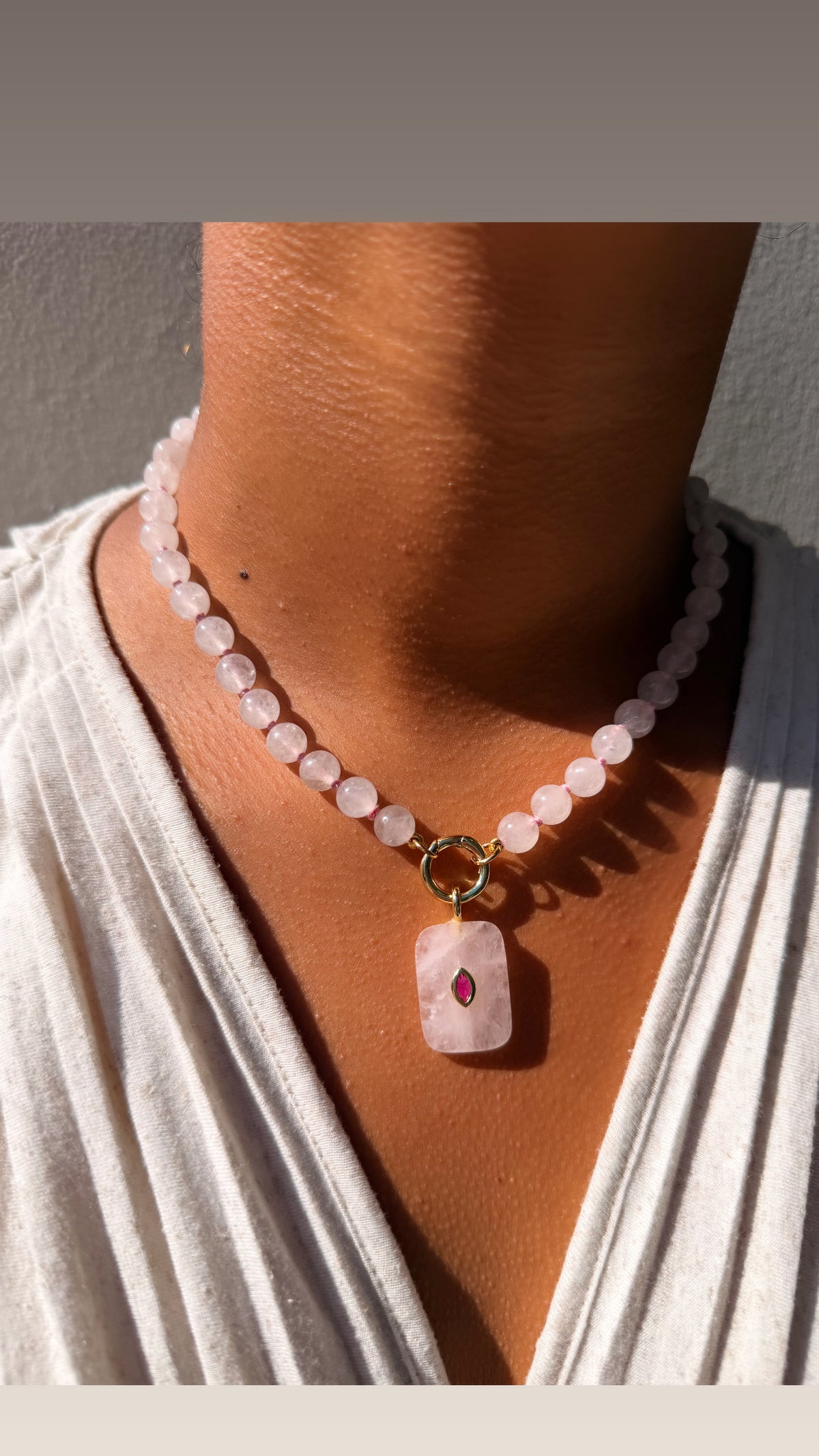 ROSE QUARTZ BEADED CHARM NECKLACE