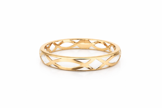 14K YELLOW GOLD WHITE ENAMEL PATTERN RING