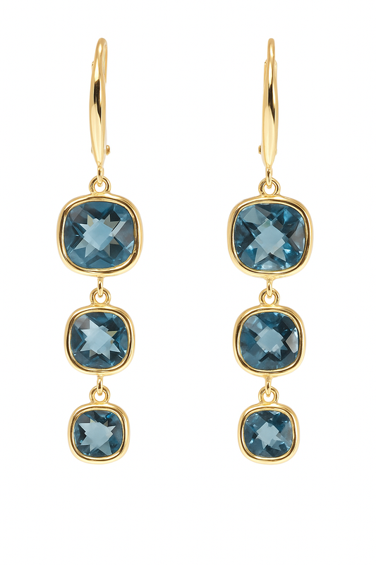 14K YELLOW GOLD BLUE TOPAZ LEVERBACK EARRINGS