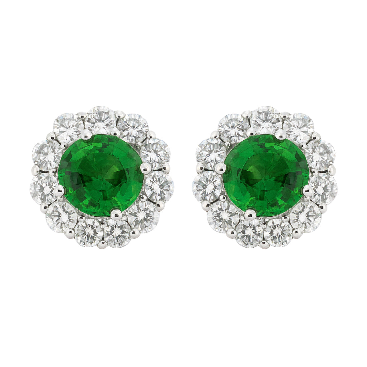 14K WHITE GOLD TSAVORITE AND DIAMOND STUD EARRINGS