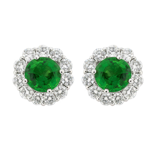 14K WHITE GOLD TSAVORITE AND DIAMOND STUD EARRINGS