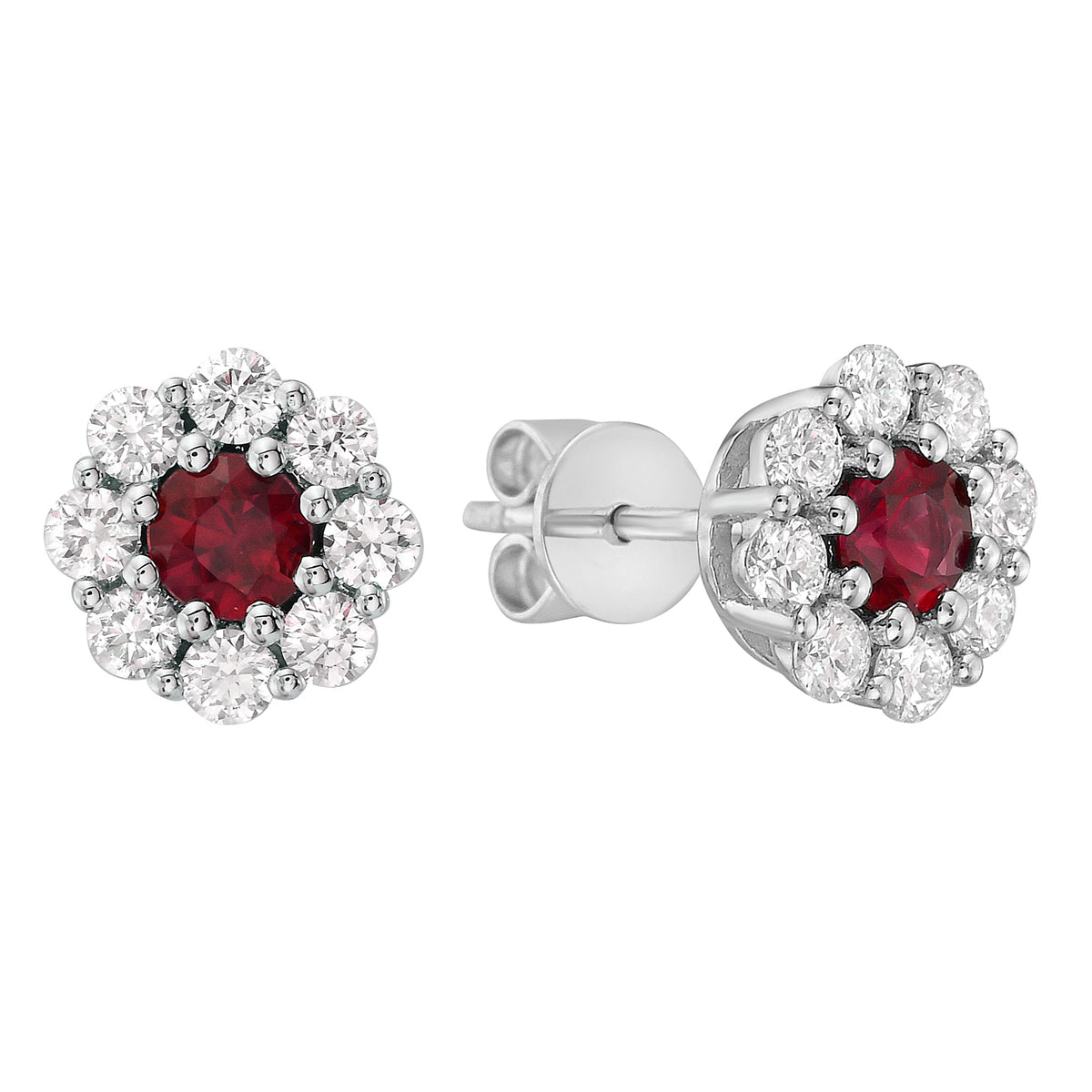 14K WHITE GOLD RUBY AND DIAMOND HALO STUD EARRINGS