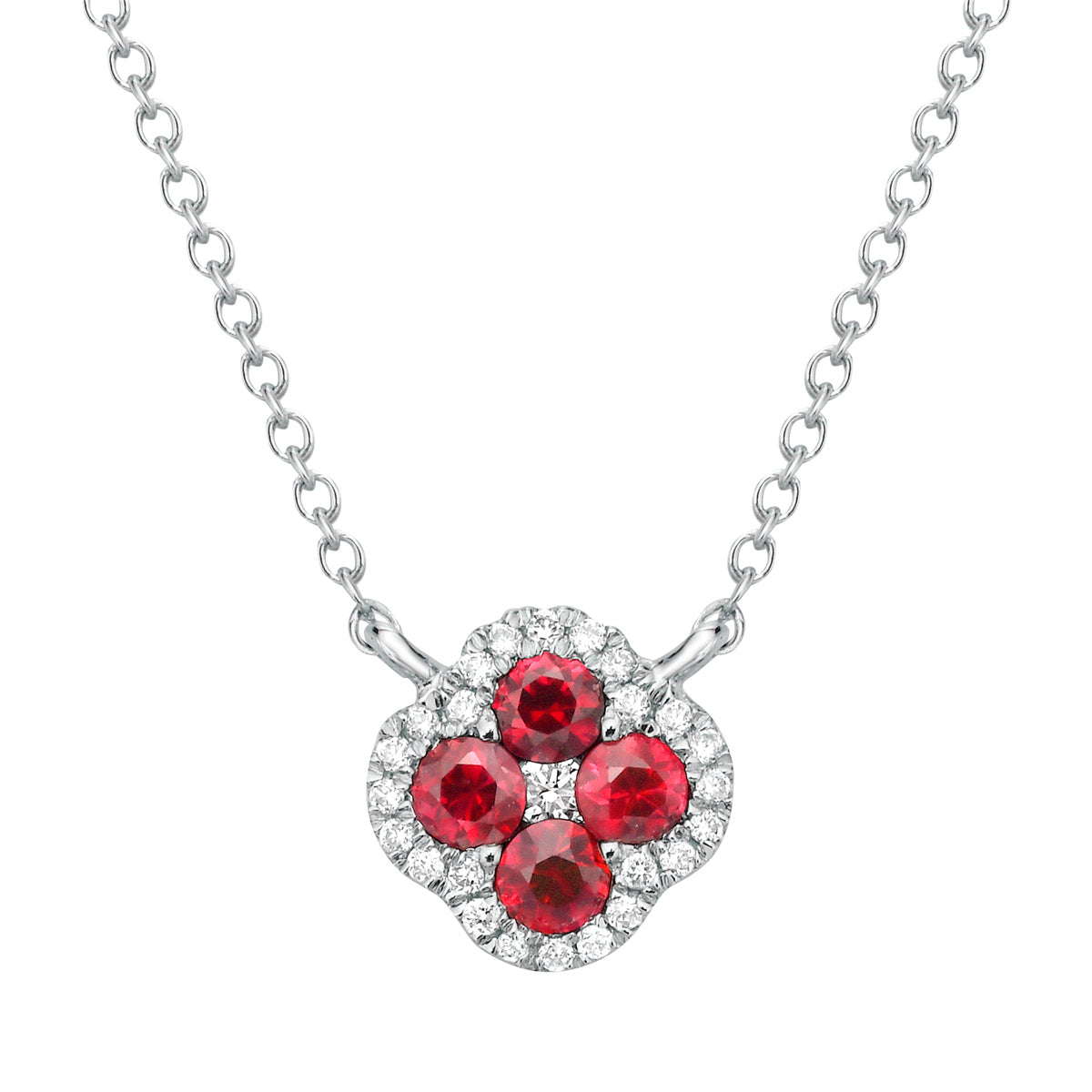 14K WHITE GOLD RUBY AND DIAMOND CLOVER NECKLACE