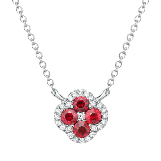 14K WHITE GOLD RUBY AND DIAMOND CLOVER NECKLACE
