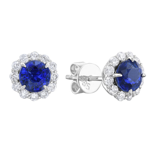 18K WHITE GOLD SAPPHIRE AND DIAMOND STUD EARRINGS