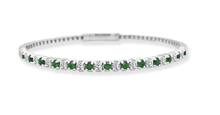 14K WHITE GOLD DIAMOND AND EMERALD BANGLE BRACELET