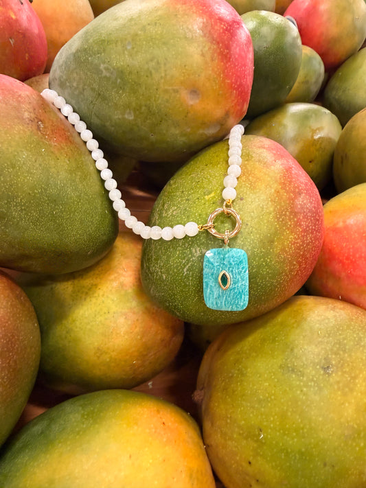 WHITE MOONSTONE BEADED CHARM NECKLACE