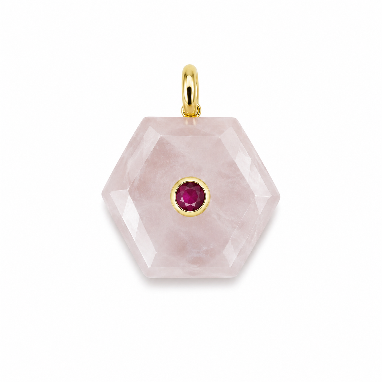 ROSE QUARTZ HEXAGON SHAPE CHARM WITH RED CENTER STONE