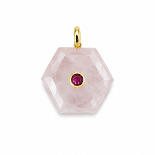 ROSE QUARTZ HEXAGON SHAPE CHARM WITH RED CENTER STONE