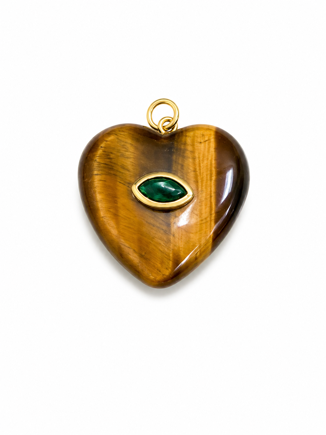 TIGER EYE HEART SHAPE CHARM WITH GREEN CENTER STONE