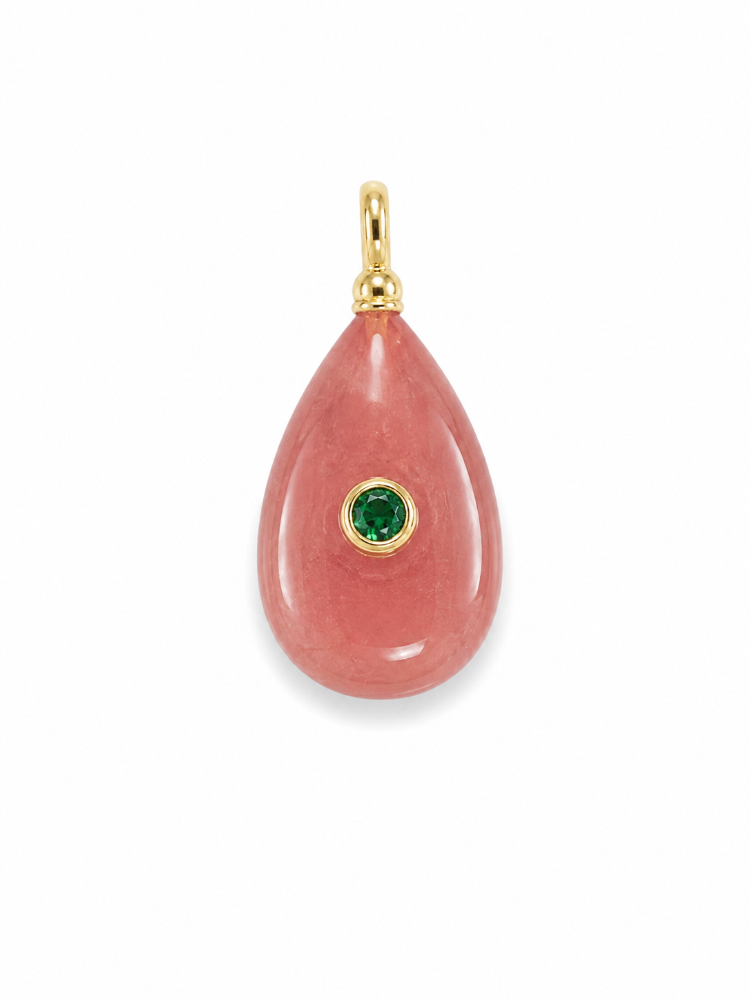 PEACH RESIN TEARDROP CHARM WITH GREEN CENTER STONE