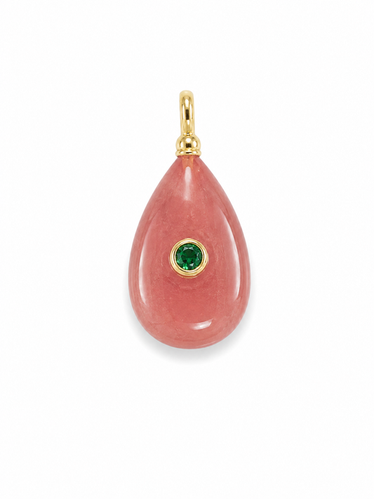 PEACH RESIN TEARDROP CHARM WITH GREEN CENTER STONE