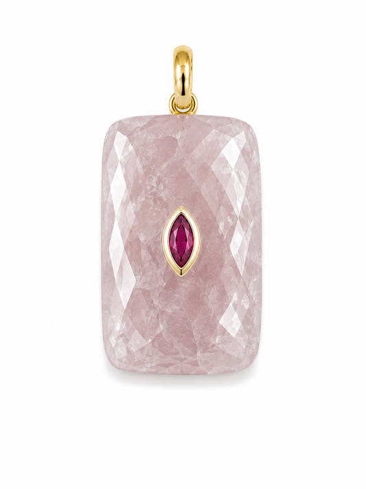 ROSE QUARTZ RECTANGULAR SHAPE CHARM WITH GREEN CENTER STONE