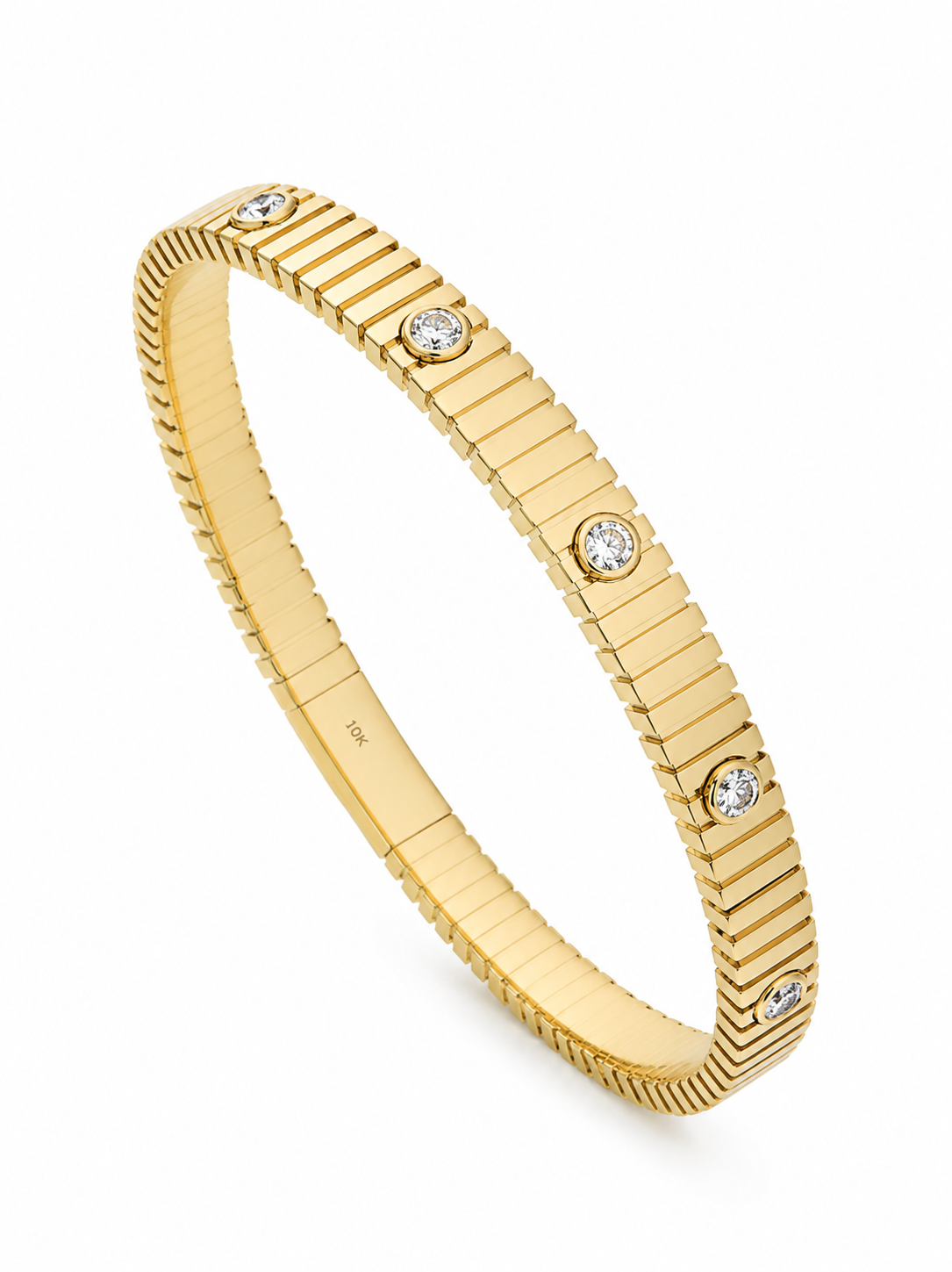 14K YELLOW GOLD BEZEL SET DIAMOND STRIPED BAR FLEX BANGLE