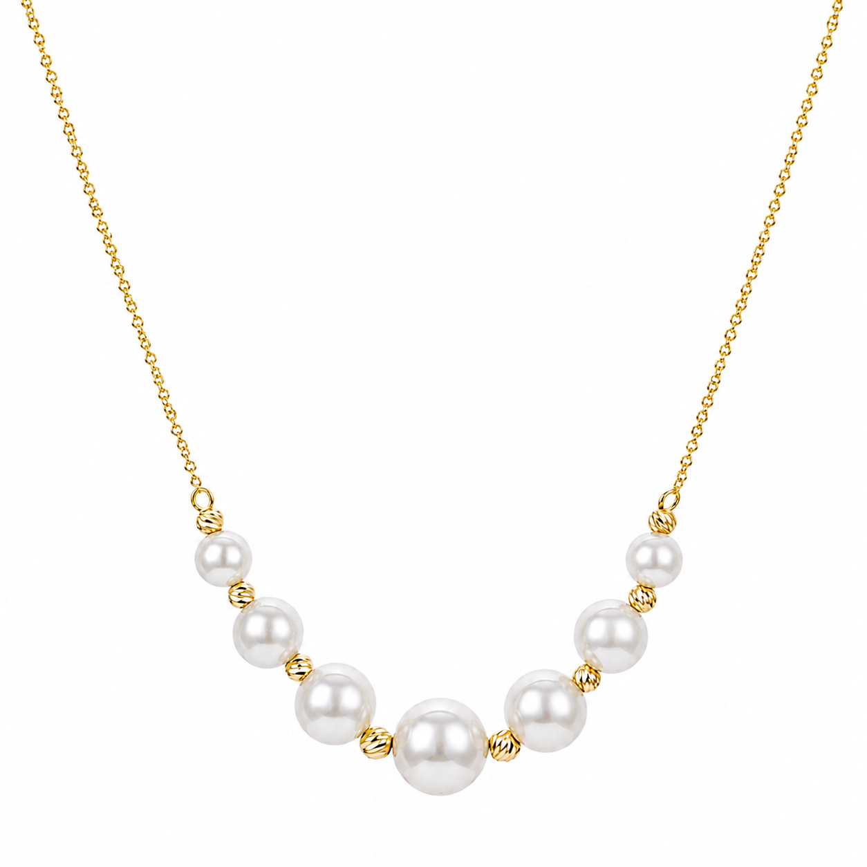 GRADUATED AKOYA PEARL AND GOLD BEAD CURVE NECKLACE