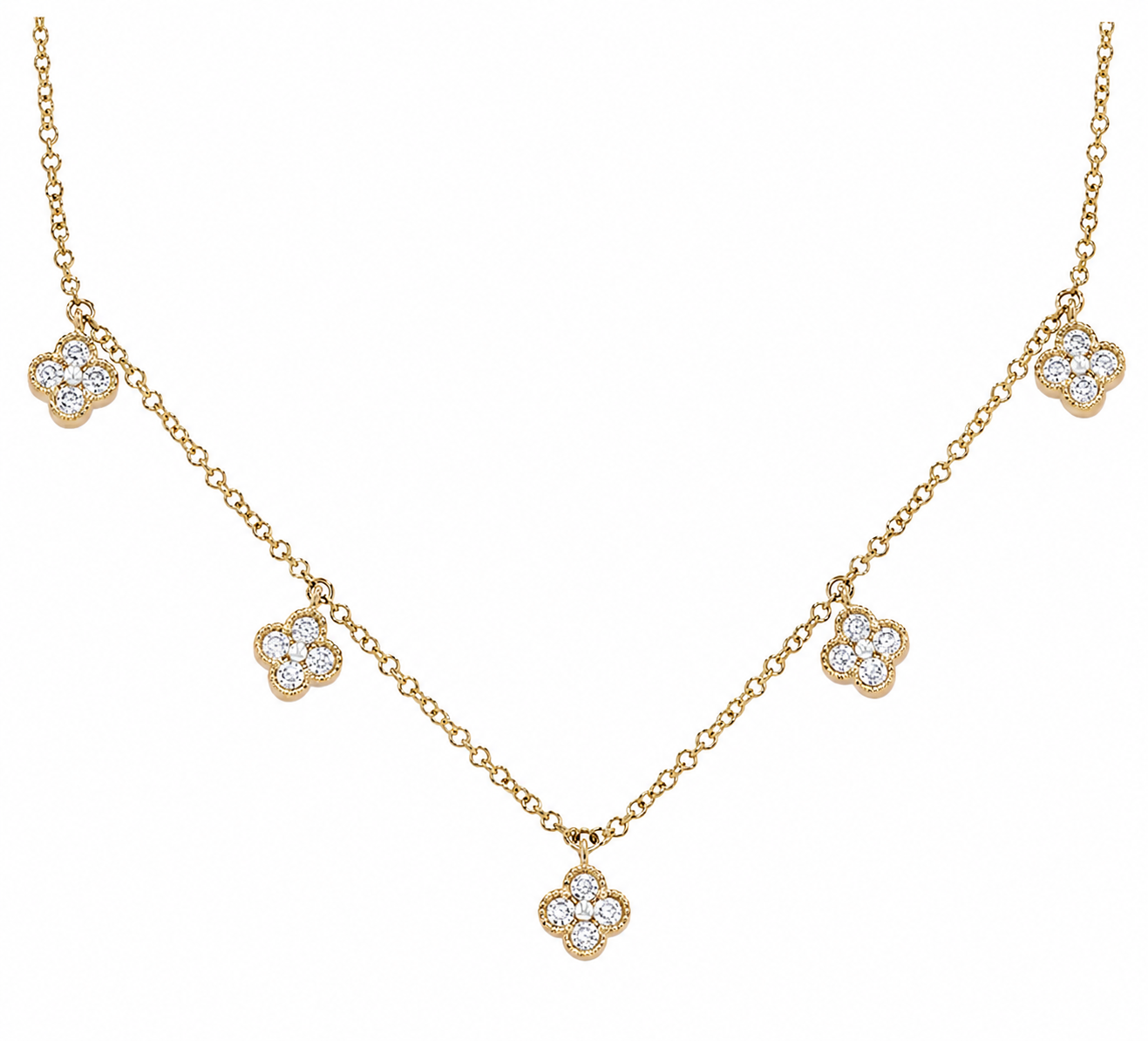 14K YELLOW GOLD DIAMOND CLOVER STATION NECKLACE