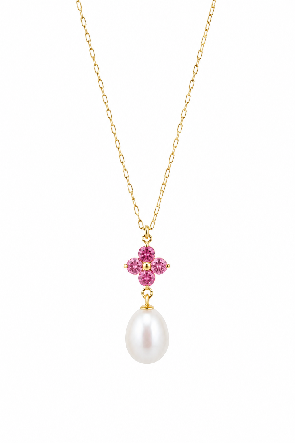 14K YELLOW GOLD FLOWER SHAPED PINK TOURMALINE AND WHITE FRESHWATER PEARL NECKLACE