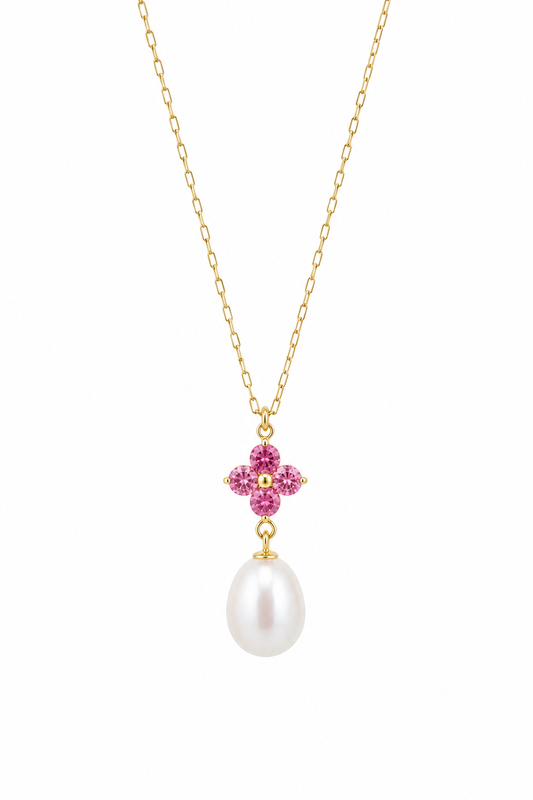 14K YELLOW GOLD FLOWER SHAPED PINK TOURMALINE AND WHITE FRESHWATER PEARL NECKLACE