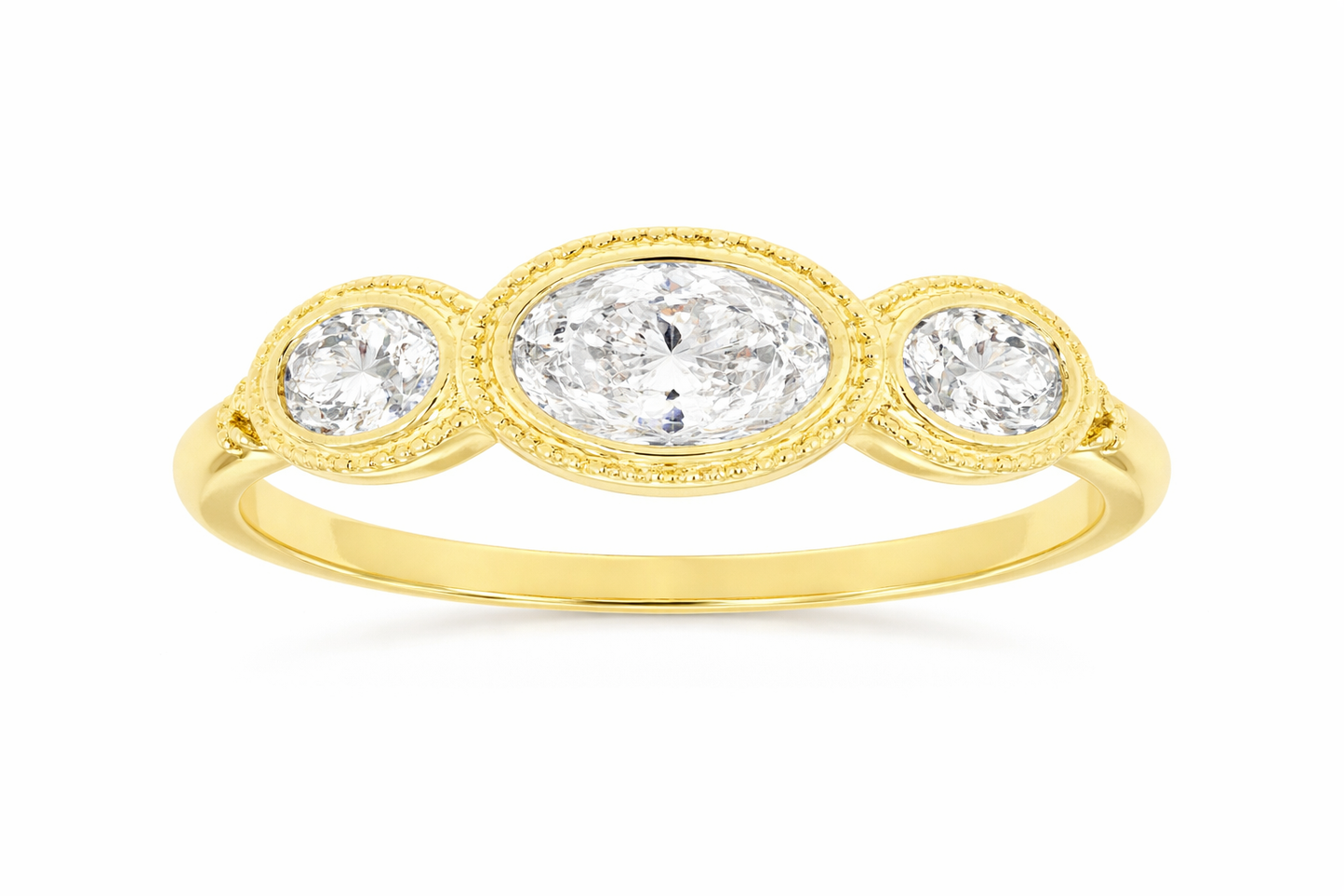 14K YELLOW GOLD 3-STONE BEZEL SET OVAL FASHION BAND