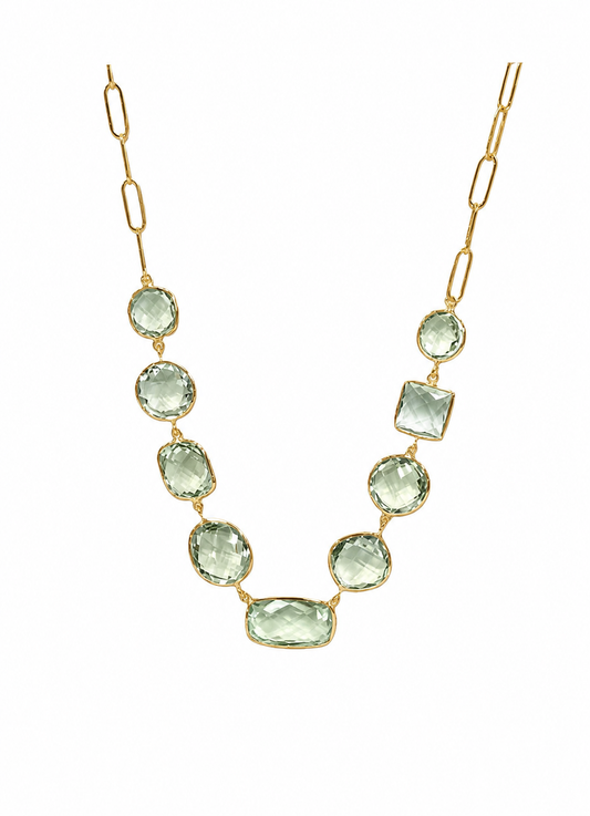 14K YELLOW GOLD GREEN AMETHYST BEZEL SET PAPERCLIP NECKLACE