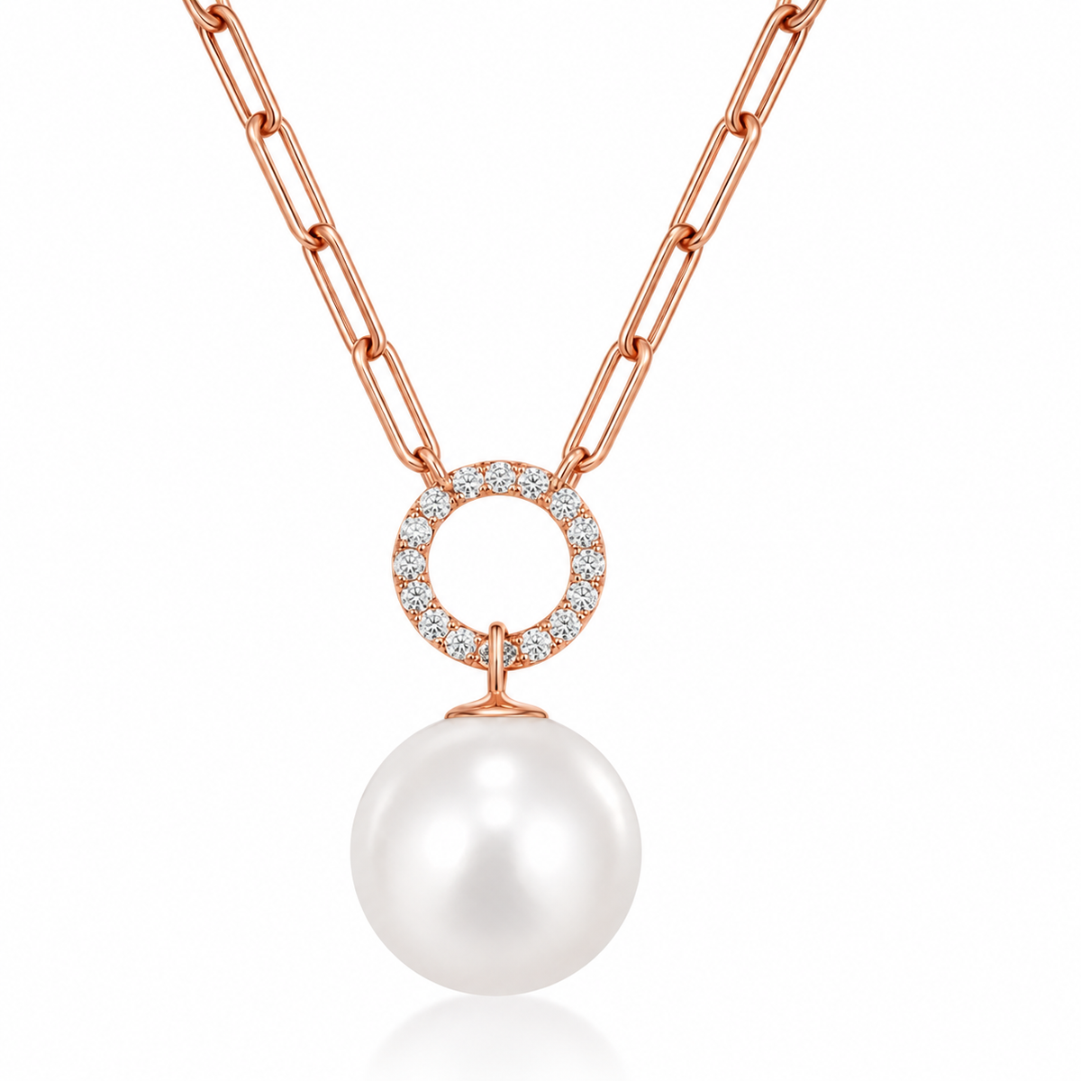 18K ROSE GOLD PEARL AND DIAMOND CIRCLE NECKLACE