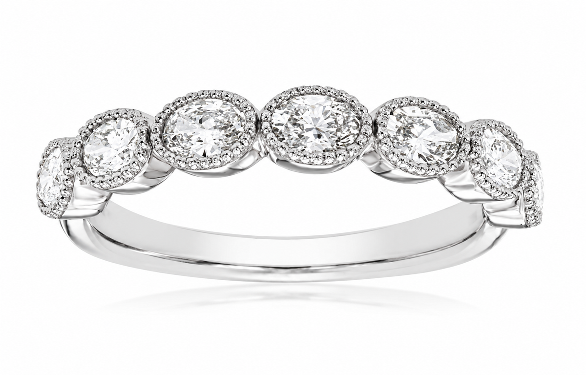 14K WHITE GOLD DIAMOND WEDDING BAND WITH A BEADED EDGE
