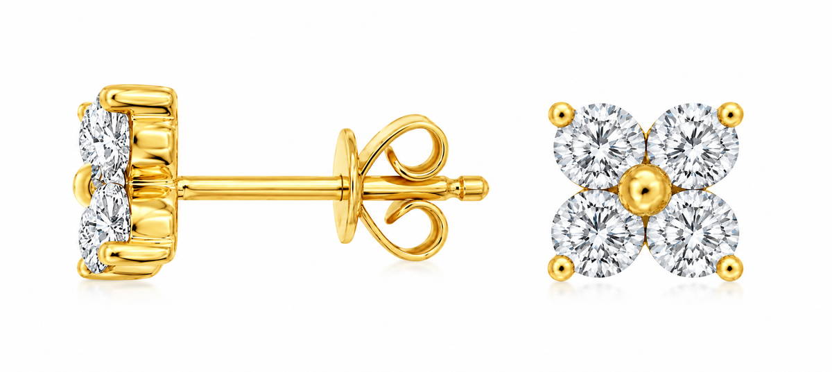 14K YELLOW GOLD DIAMOND FLOWER STUD EARRINGS