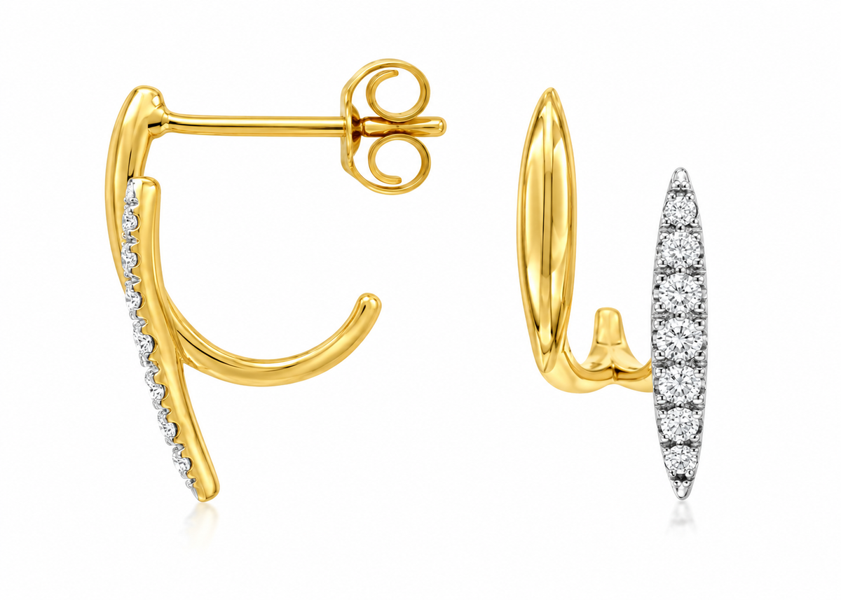 14K YELLOW PLAIN GOLD AND DIAMOND BAR EARRINGS