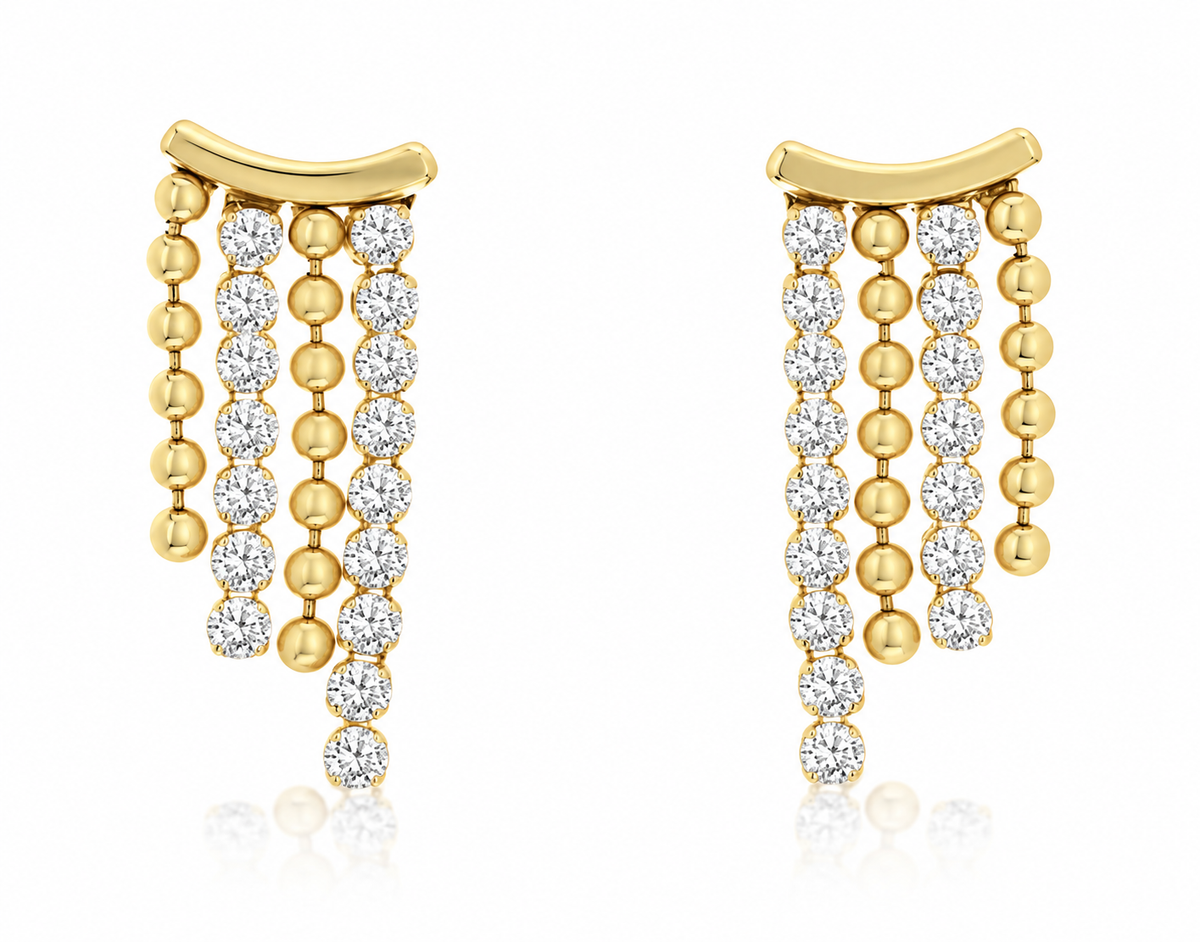 14K YELLOW GOLD BEADED DIAMOND DANGLE EARRINGS