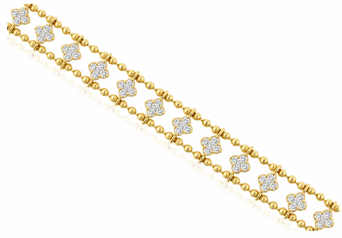 14K YELLOW GOLD CLOVER DIAMOND BEADED BRACELET