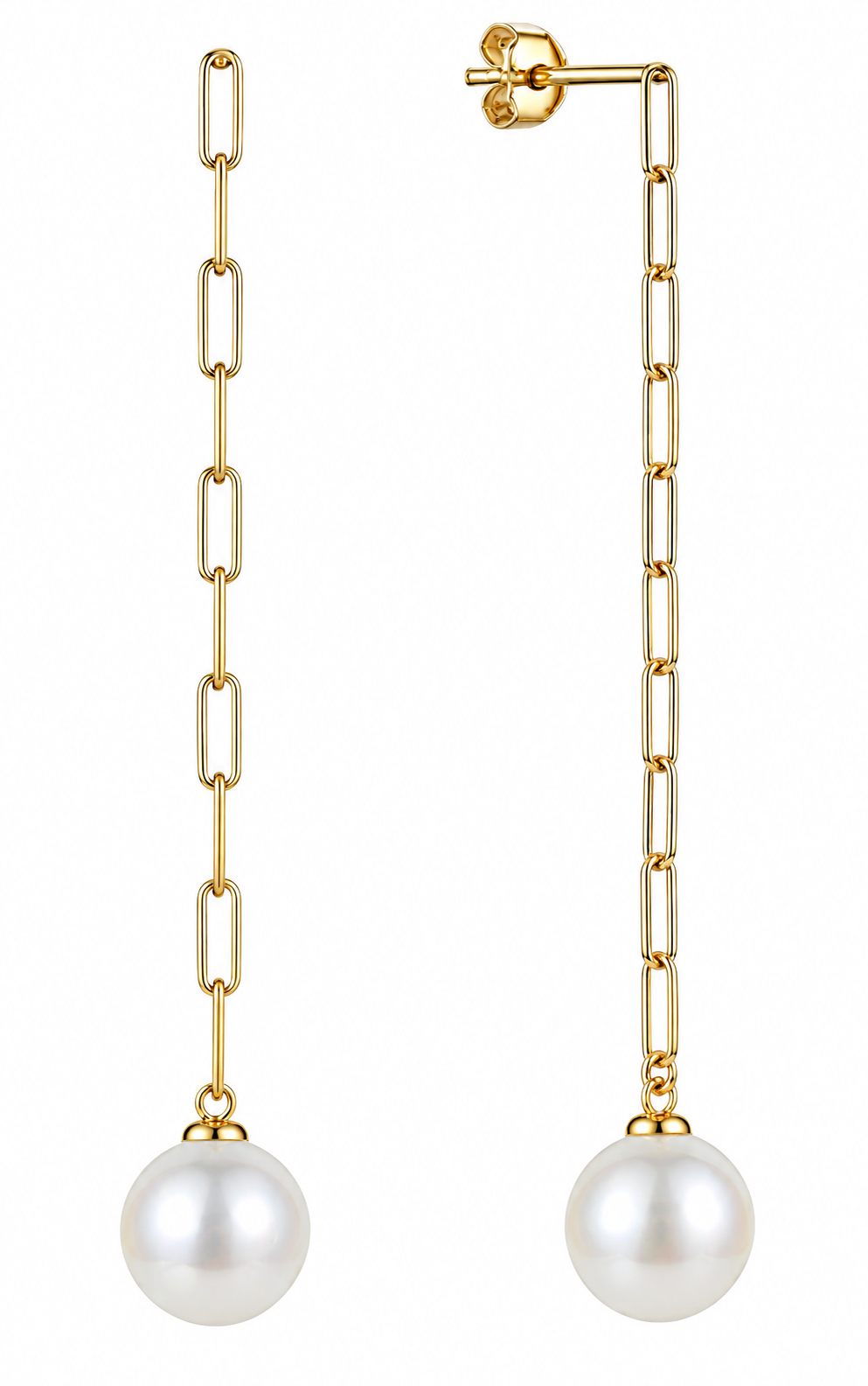 14K YELLOW GOLD PAPERCLIP PEARL DANGLE EARRINGS