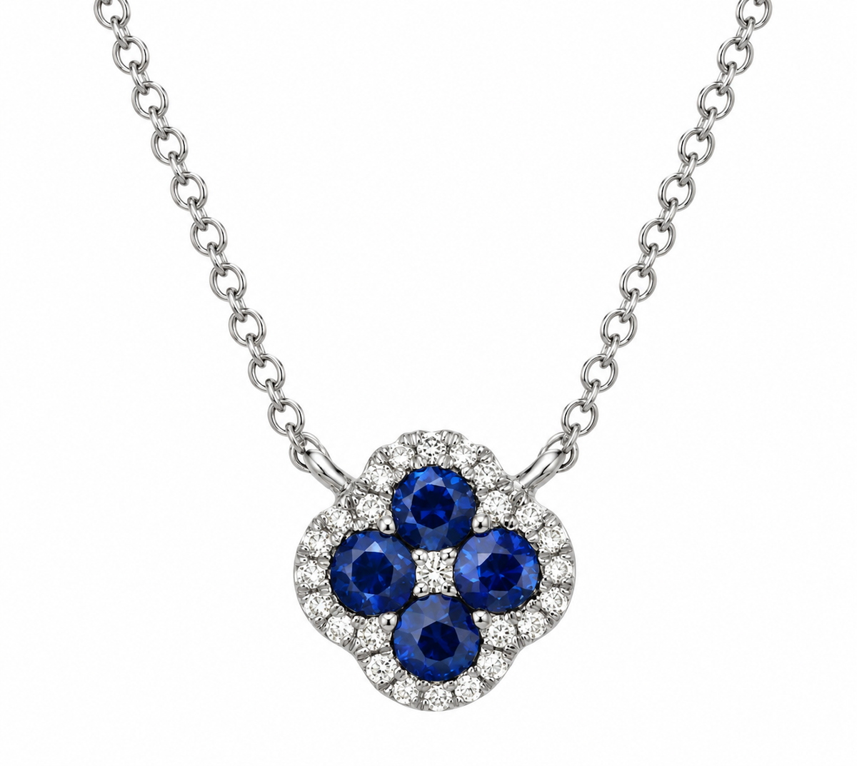 14K WHITE GOLD SAPPHIRE AND DIAMOND CLOVER NECKLACE