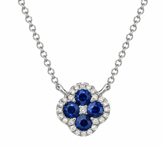 14K WHITE GOLD SAPPHIRE AND DIAMOND CLOVER NECKLACE